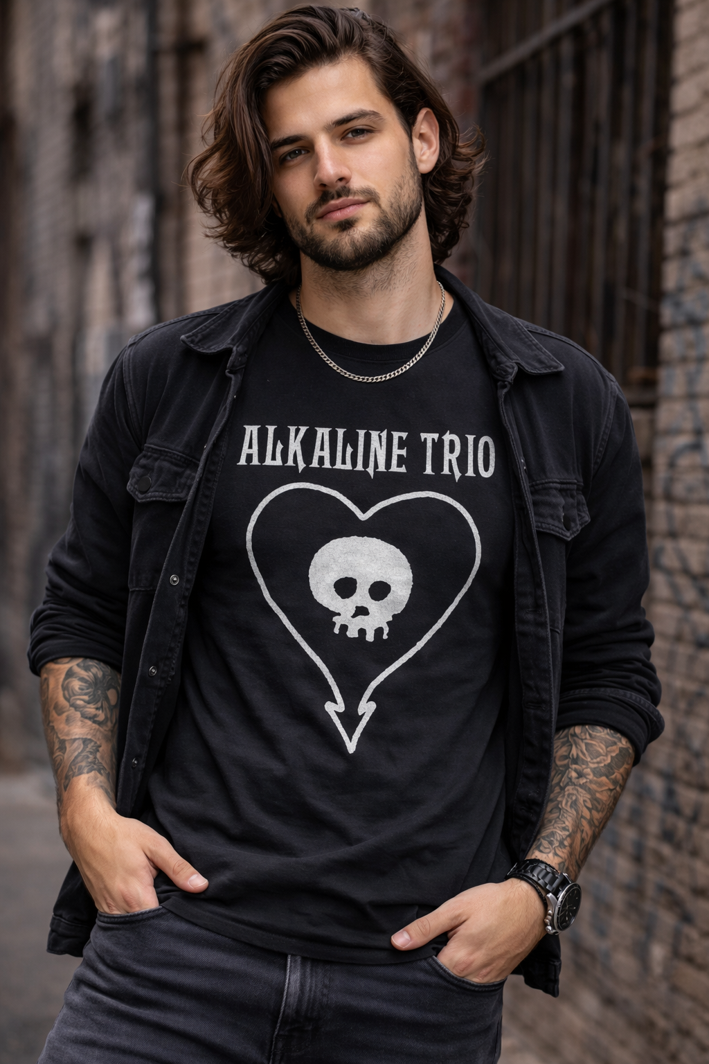 male model wearing Alkaline Trio heartskull black t shirt punk rock band tee lifestyle image