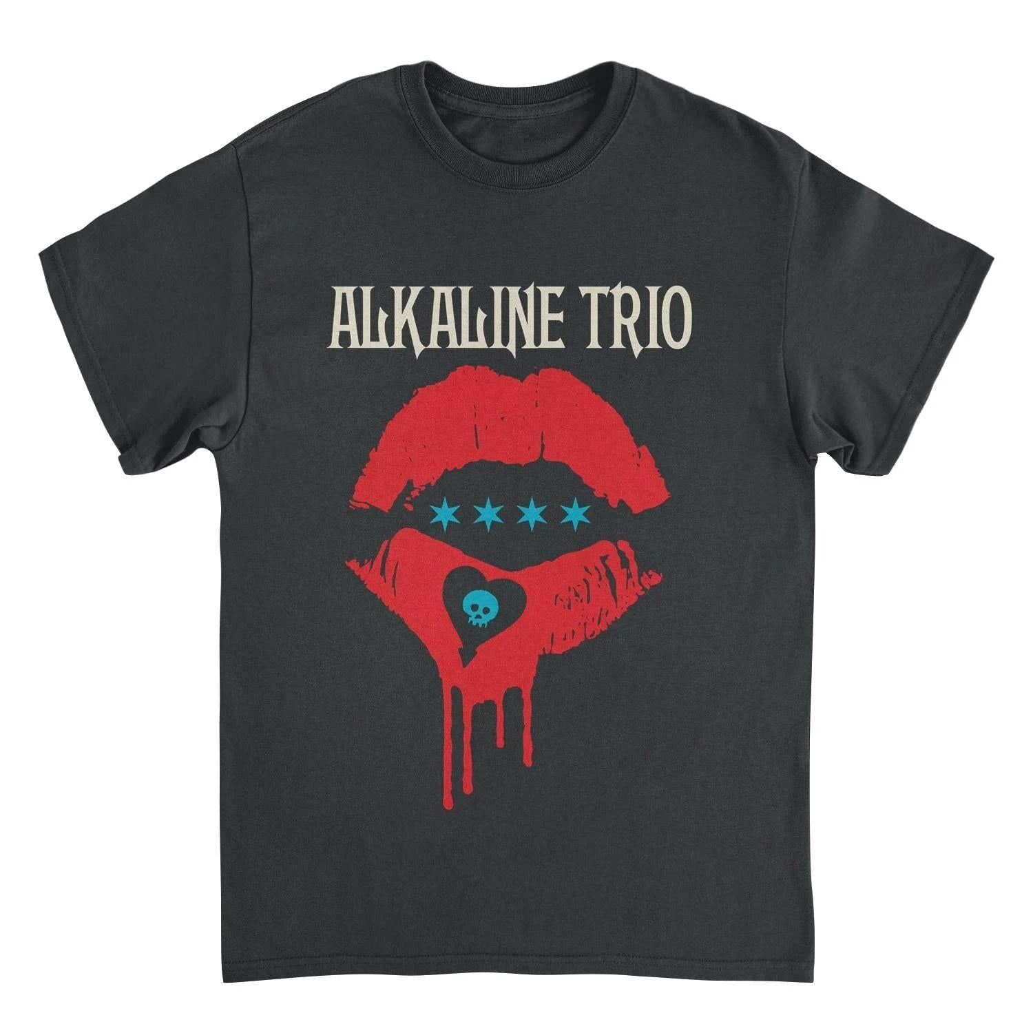 Alkaline Trio Riot Fest lips black t shirt featuring red lips graphic with heart skull design and band logo