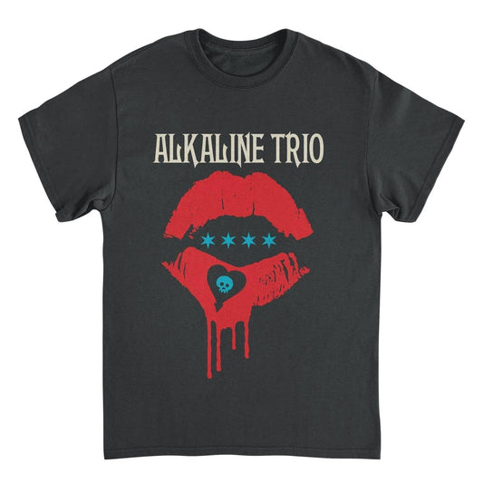 Alkaline Trio Riot Fest lips black t shirt featuring red lips graphic with heart skull design and band logo