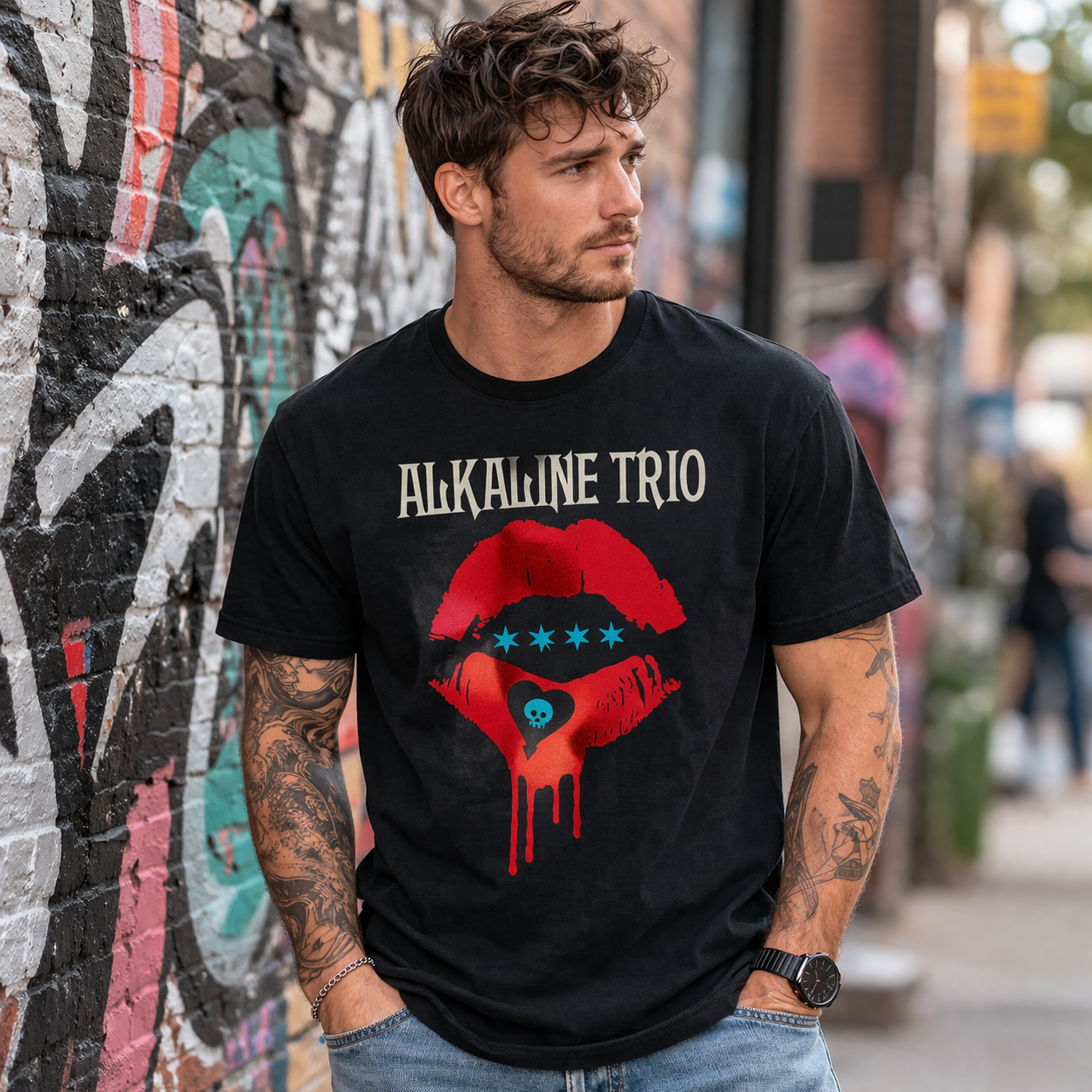 male model wearing Alkaline Trio Riot Fest lips black t shirt with red lips graphic in urban street style setting