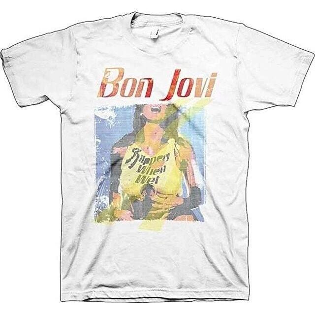 White t-shirt with Bon Jovi graphic design featuring a person in a yellow shirt and sunglasses.