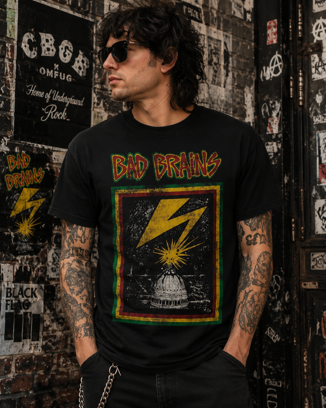 Male model wearing officially licensed Bad Brains Capitol punk rock band t-shirt in an urban graffiti alley with hardcore punk streetwear style.