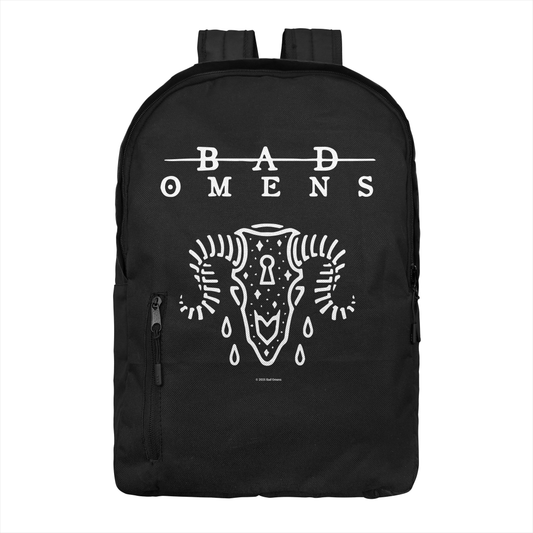 Bad Omens Ramskull backpack with minimalist skull graphic on black design