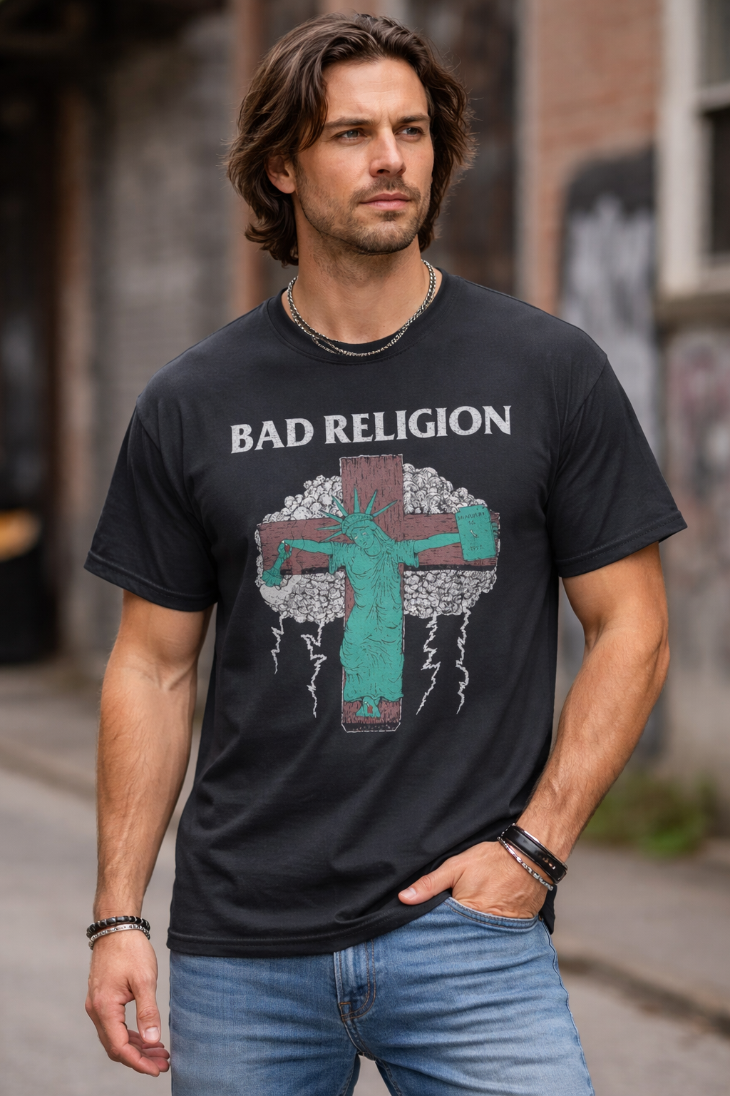 Male model wearing Bad Religion Liberty 91 Tour shirt featuring Statue of Liberty cross punk rock design