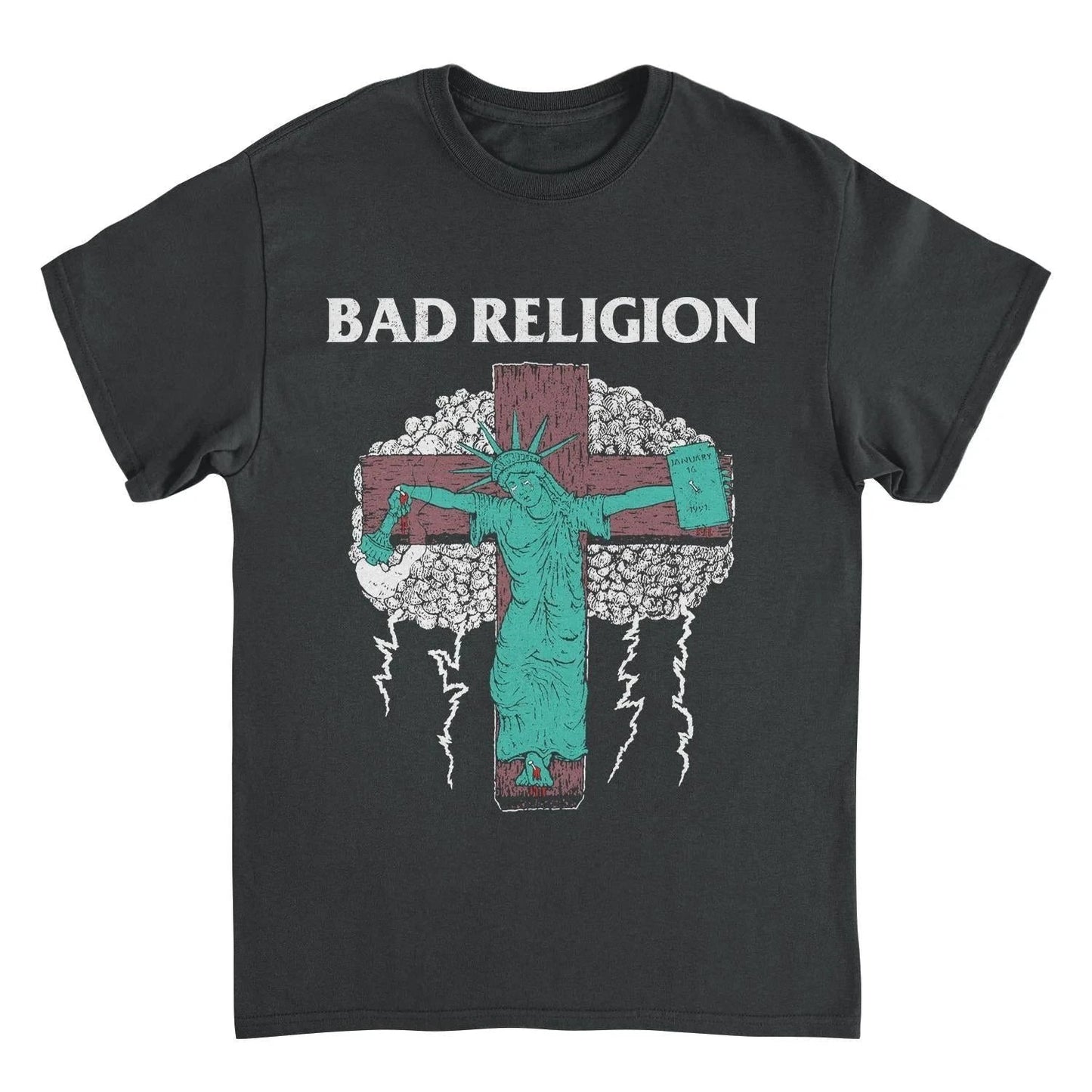 Bad Religion Liberty Cross Tour 91 Black T-Shirt featuring the band's iconic Crossbuster-style Statue of Liberty graphic with storm clouds, lightning bolts, and vintage punk rock artwork on a black tee.