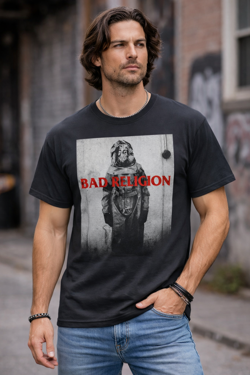 Male model wearing Bad Religion Stranger Than Fiction hazmat t shirt black punk rock band tee with album artwork
