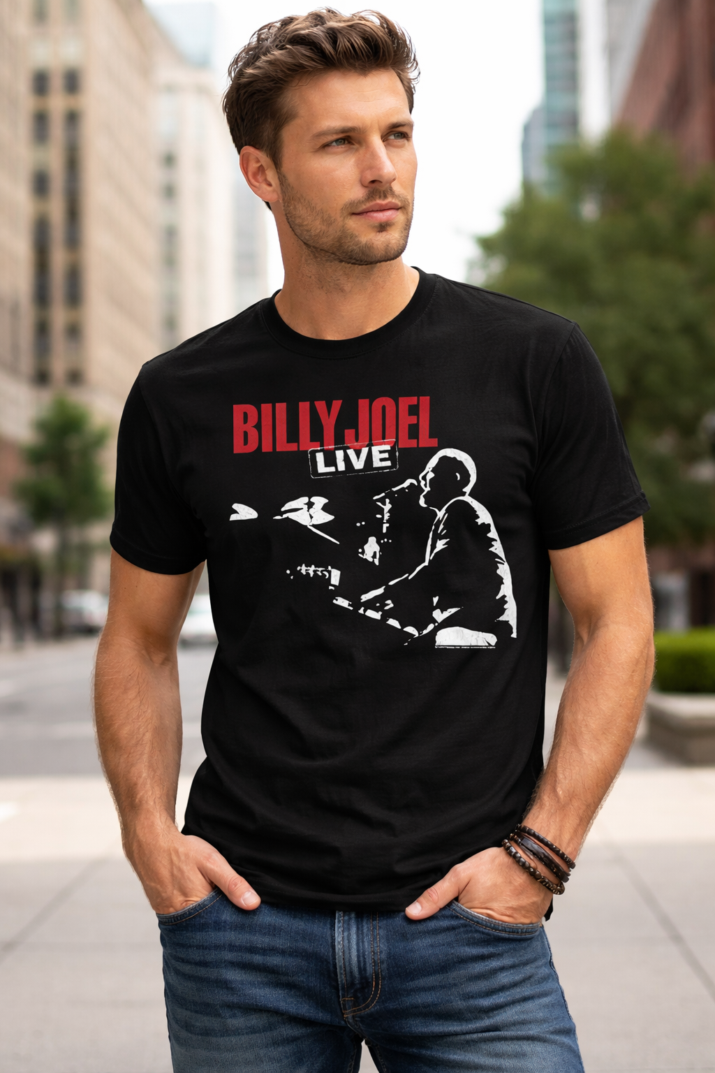 Billy Joel Piano Man Tour 81 t shirt lifestyle image male model wearing black classic rock band tee