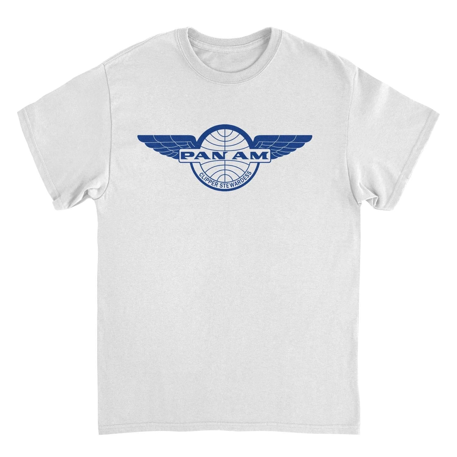 Pan Am Clipper Stewardess Blue Print White T-Shirt by HandyShopping4U2