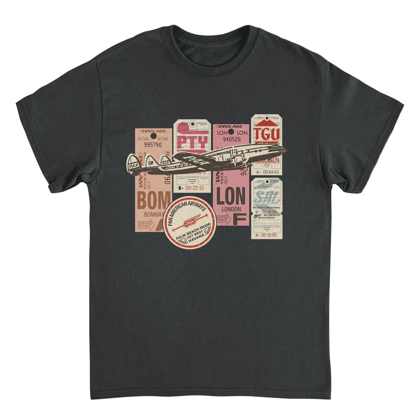 Pan Am Baggage Tags Montage Black T-Shirt by HandyShopping4U2