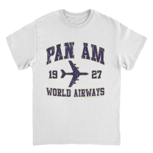 Pan Am World Airways Varsity Sports Text Distress White T-Shirt by HandyShopping4U2