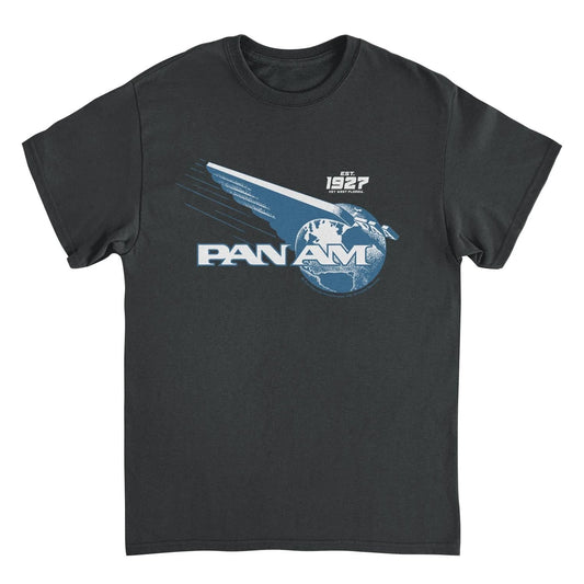 Pan Am Wing Globe Logo Blue Print Black T-Shirt by HandyShopping4U2