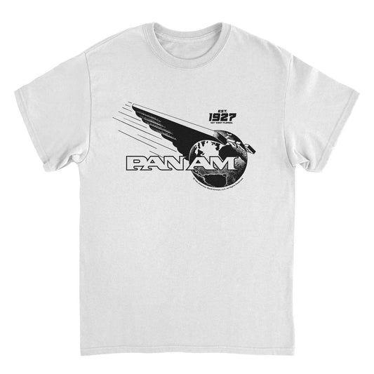 Pan Am Wing Globe Logo Black Print White T-Shirt by HandyShopping4U2