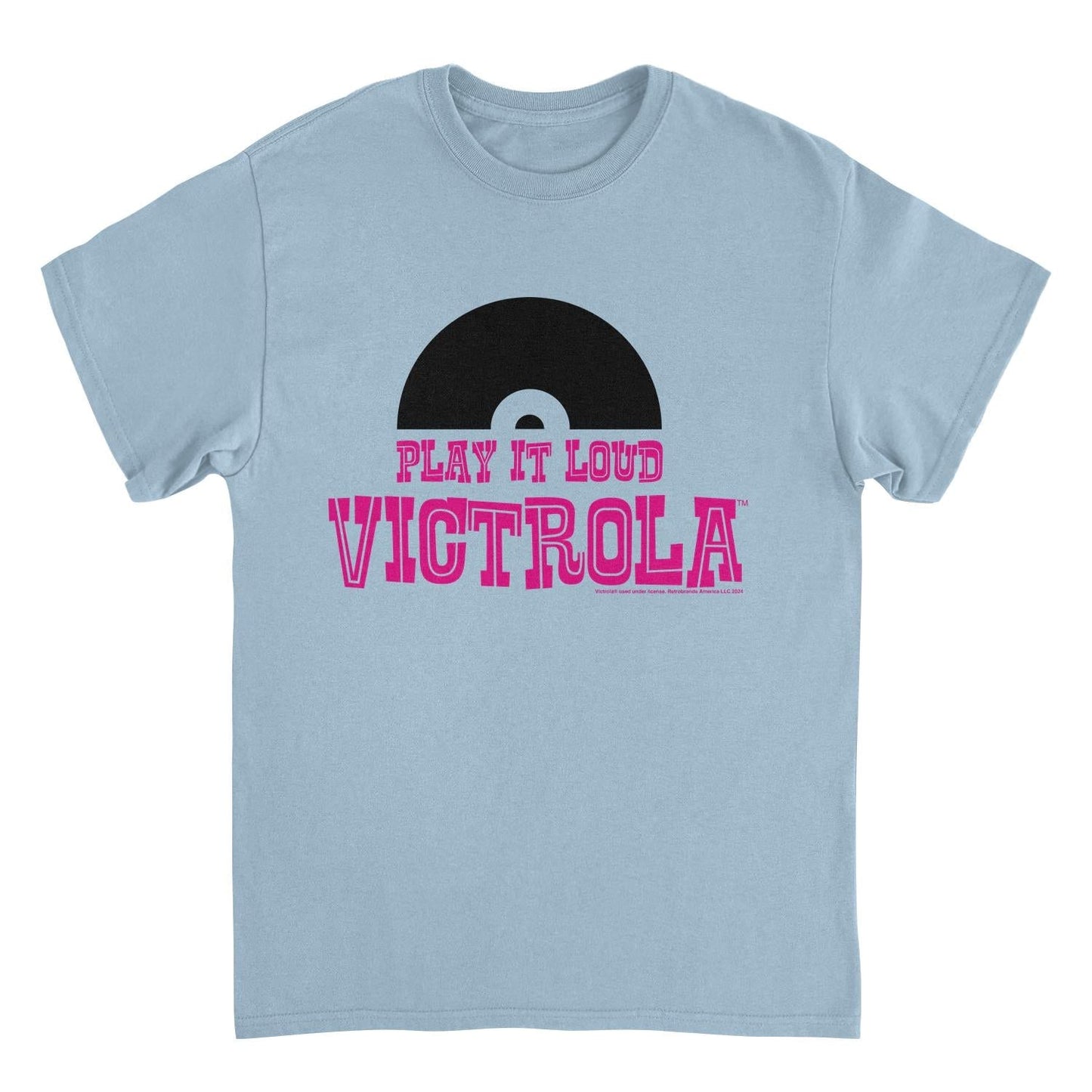 Victrola Half Vinyl Play it Loud Retro Record Company Light Blue T-Shirt by HandyShopping4U2