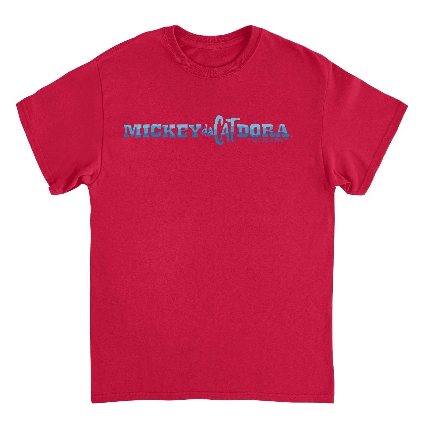 Mickey Da Cat Dora Blue Wavy Text Retro Surfer Miki Red T-Shirt by HandyShopping4U2