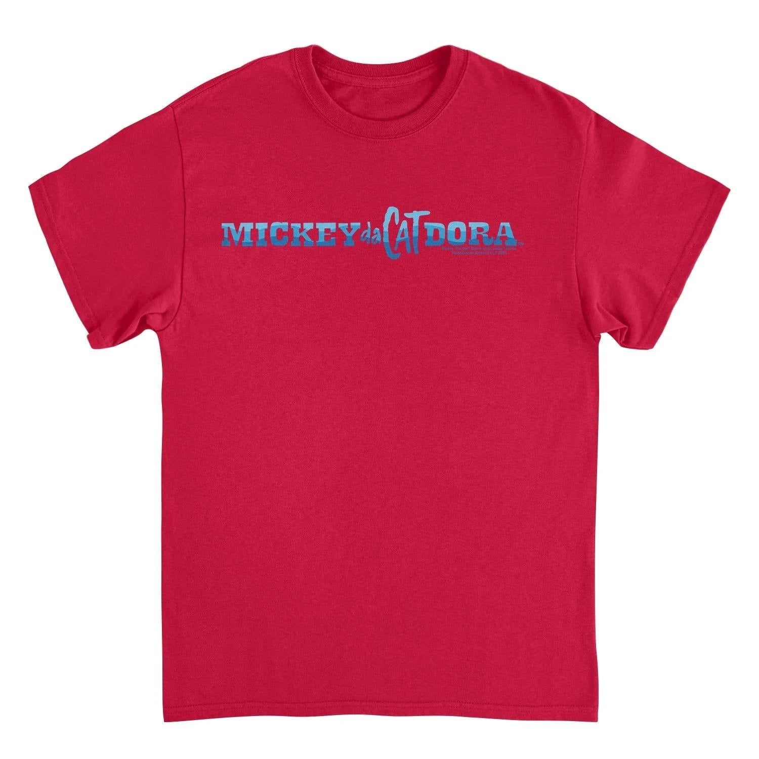 Mickey Da Cat Dora Blue Wavy Text Retro Surfer Miki Red T-Shirt by HandyShopping4U2