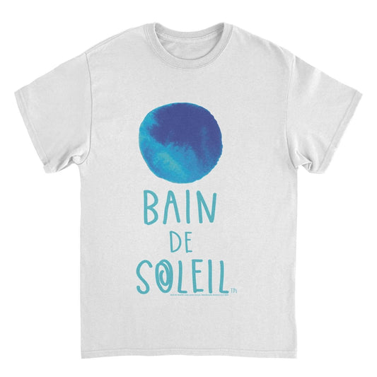 Bain De Soleil Blue Watercolor Sun Retro Sunscreen White T-Shirt by HandyShopping4U2