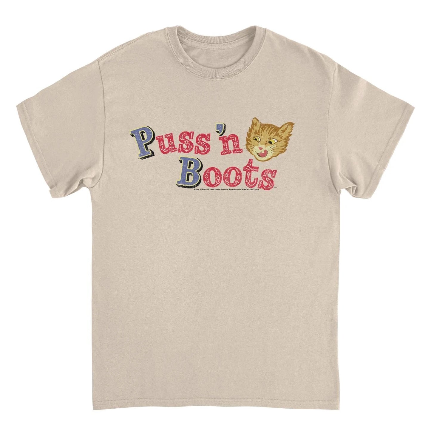 Puss n Boots Distressed Retro Branding Cat Food Sand T-Shirt by HandyShopping4U2