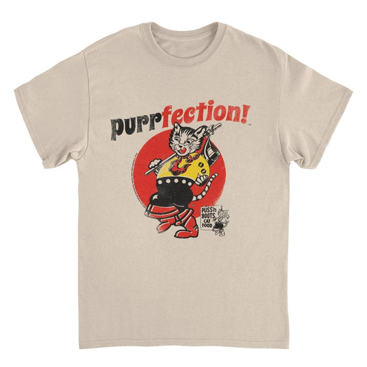 Puss n Boots Retro Cat Food Purrfection Sand T-Shirt by HandyShopping4U2
