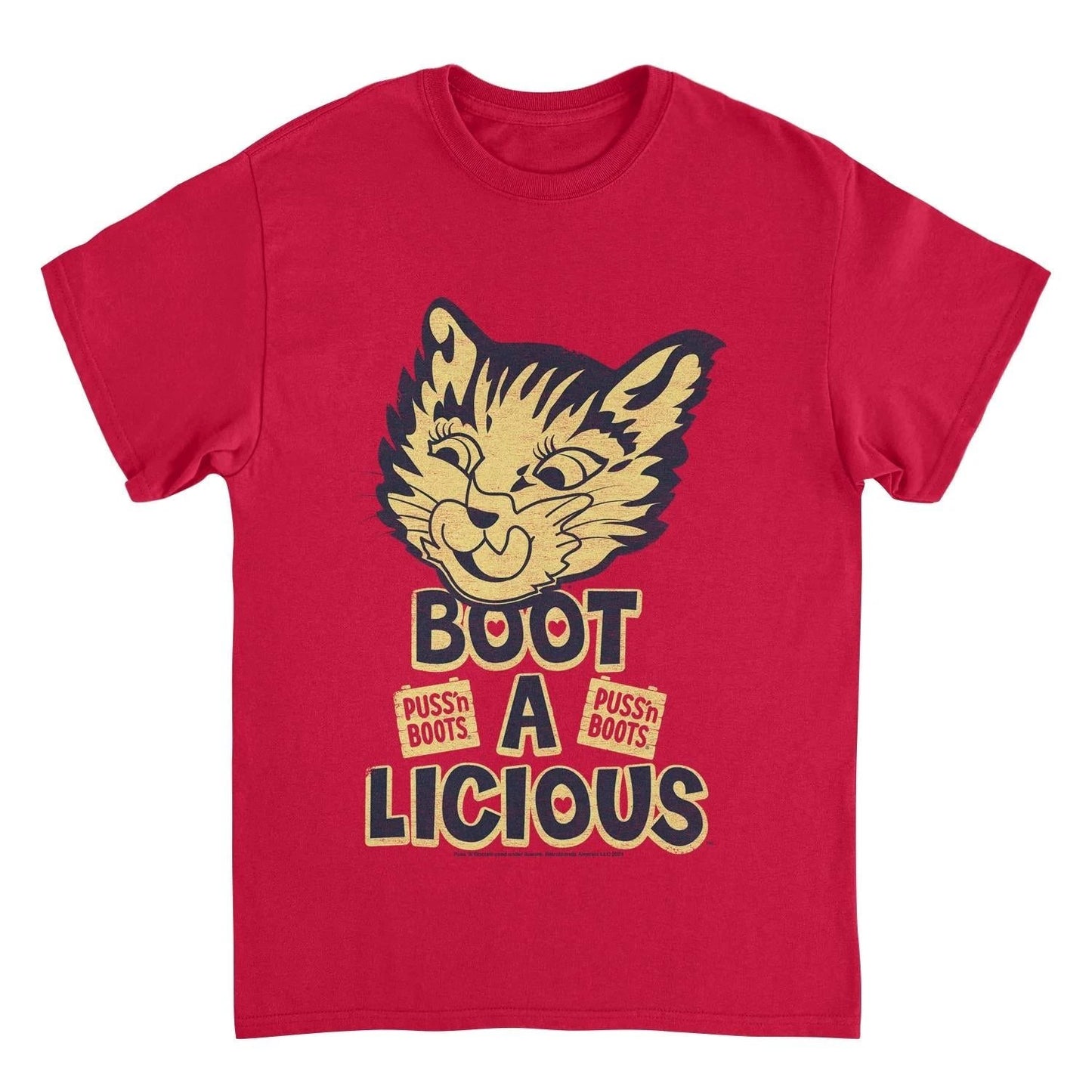 Puss n Boots Boot a Licious Retro Cat Food Red T-Shirt by HandyShopping4U2