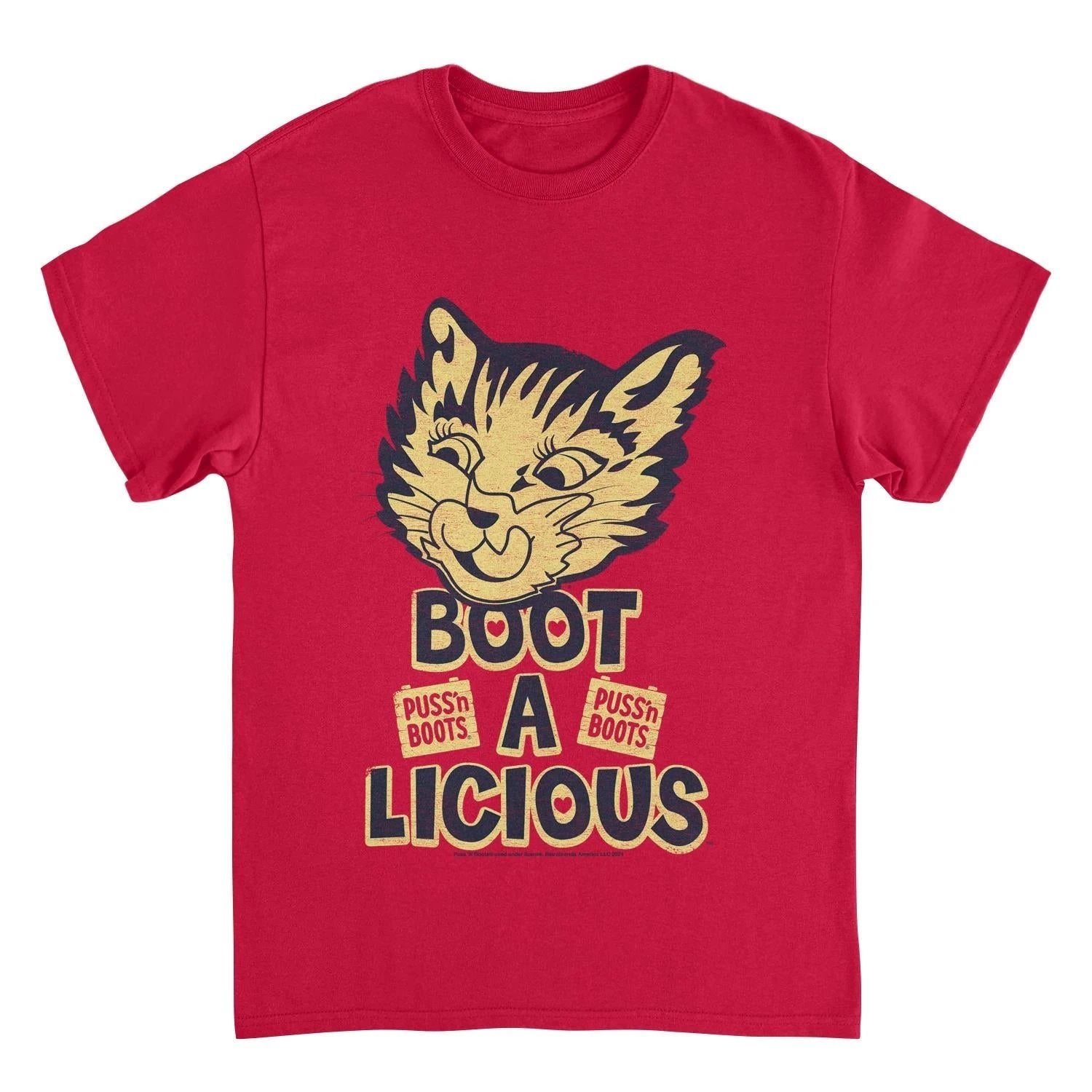 Puss n Boots Boot a Licious Retro Cat Food Red T-Shirt by HandyShopping4U2