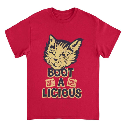 Puss n Boots Boot a Licious Retro Cat Food Red T-Shirt by HandyShopping4U2
