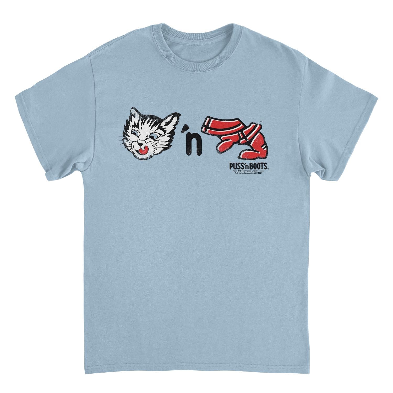 Puss n Boots Retro Cat Food and Boots Light Blue T-Shirt by HandyShopping4U2