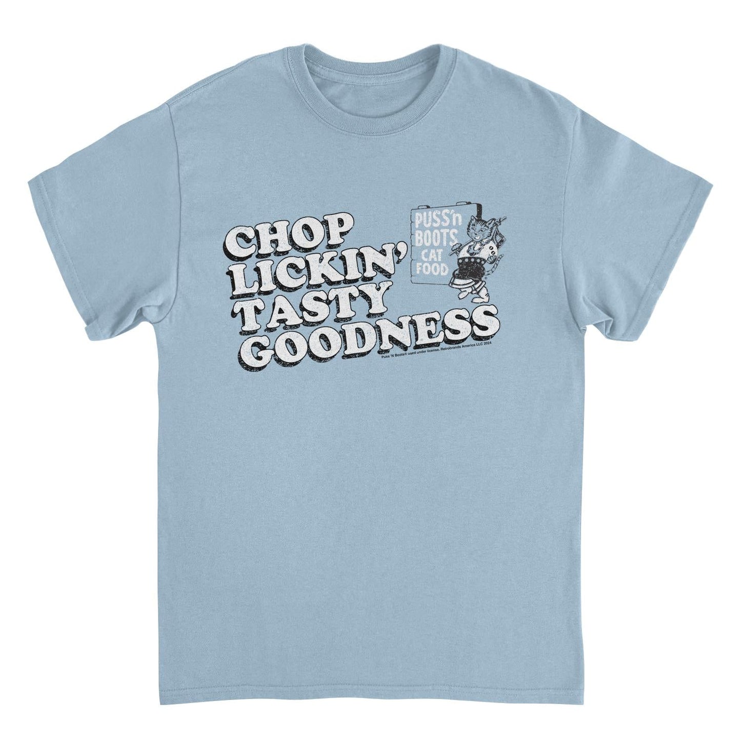 Puss n Boots Retro Cat Food Chop Lickin Light Blue T-Shirt by HandyShopping4U2