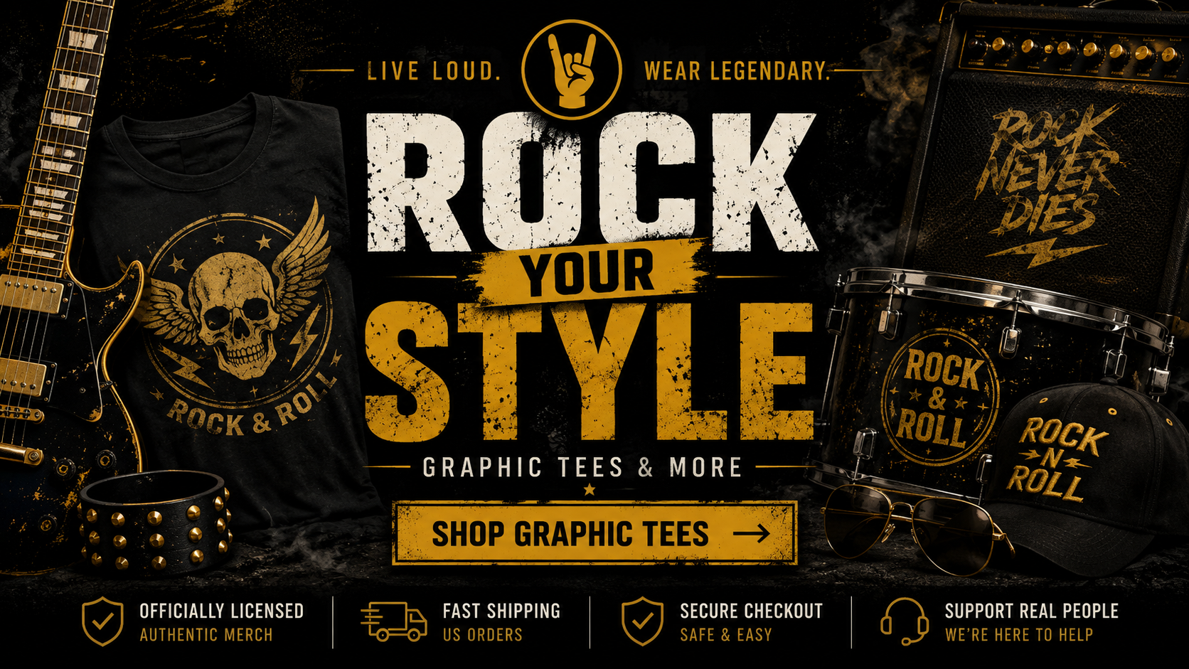 Black and gold rock your style homepage banner featuring graphic tees and rock apparel
