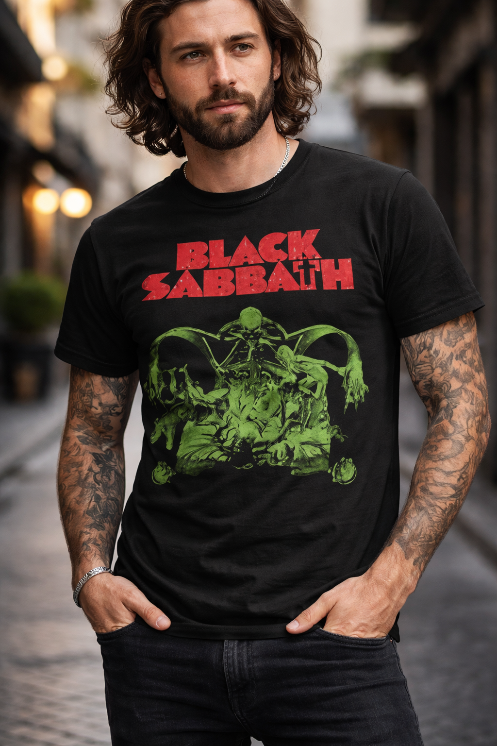 male model wearing Black Sabbath bloody cutout t shirt with red logo and green graphic heavy metal band tee streetwear style