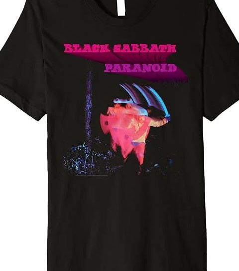 Black Sabbath Paranoid t-shirt featuring iconic album cover artwork with neon motion figure design on black heavy metal tee
