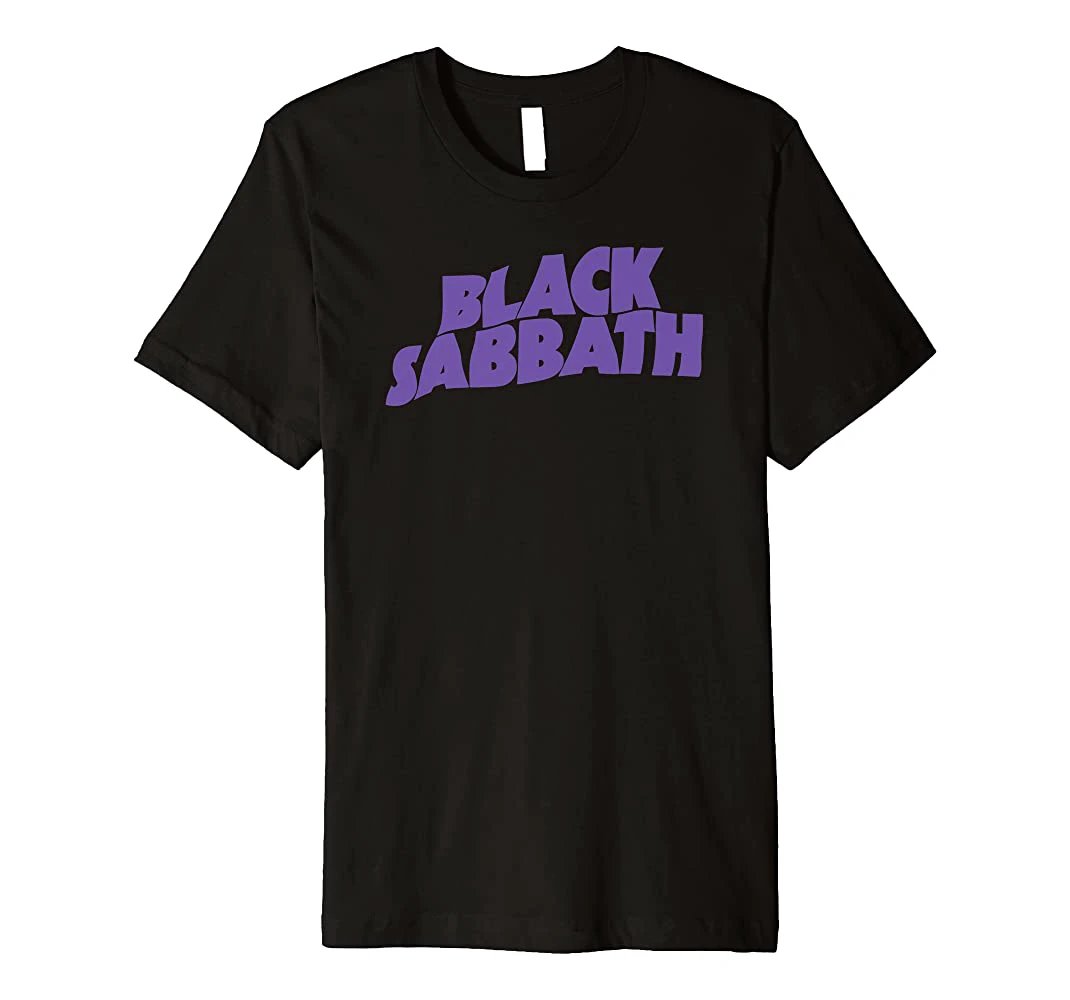 Black t-shirt with 'Black Sabbath' logo in purple on a white background