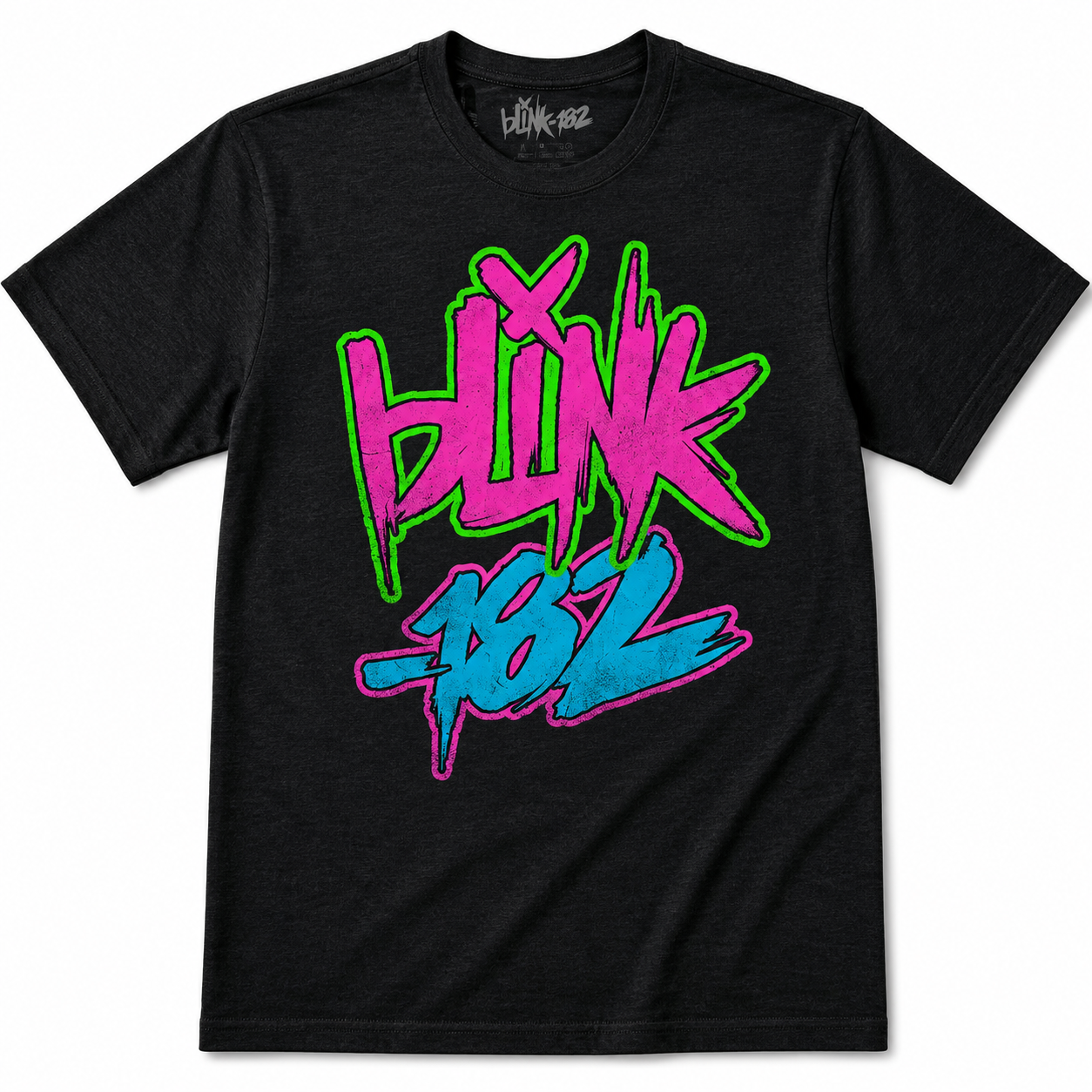 Officially licensed Blink-182 neon logo t-shirt featuring bright pink, green, and blue graffiti-style artwork on a black heather tee for pop punk and alternative rock fans.