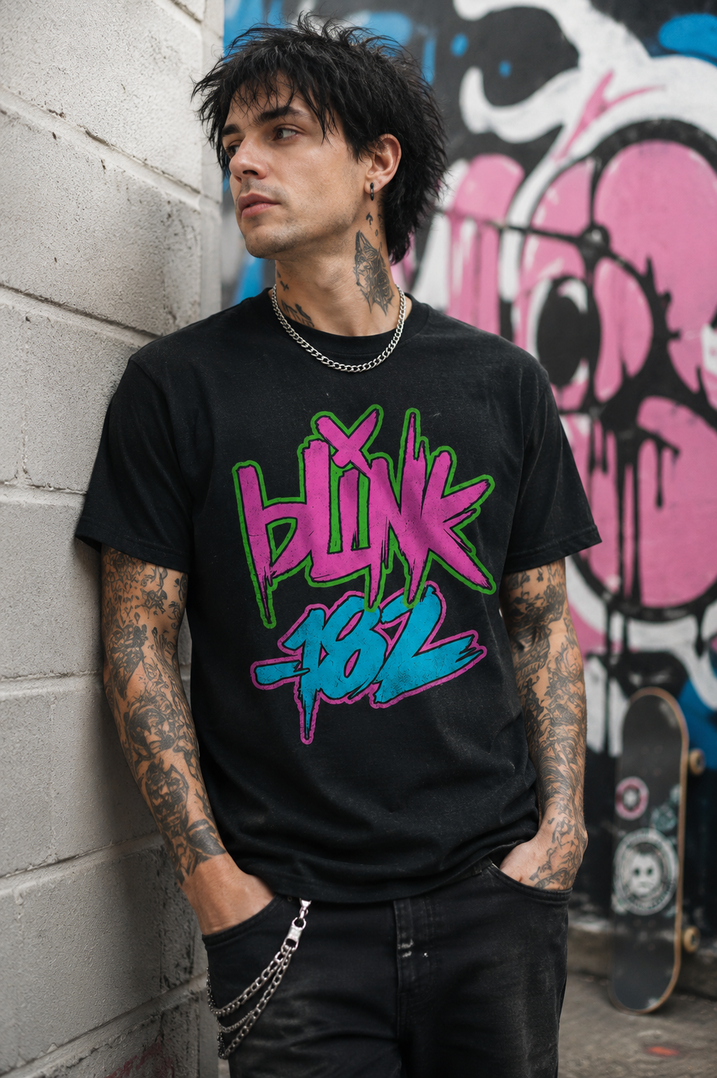 Male model wearing an officially licensed Blink-182 neon logo t-shirt with vibrant pink and blue artwork, posing in an urban streetwear setting with graffiti background, inspired by classic pop punk style.