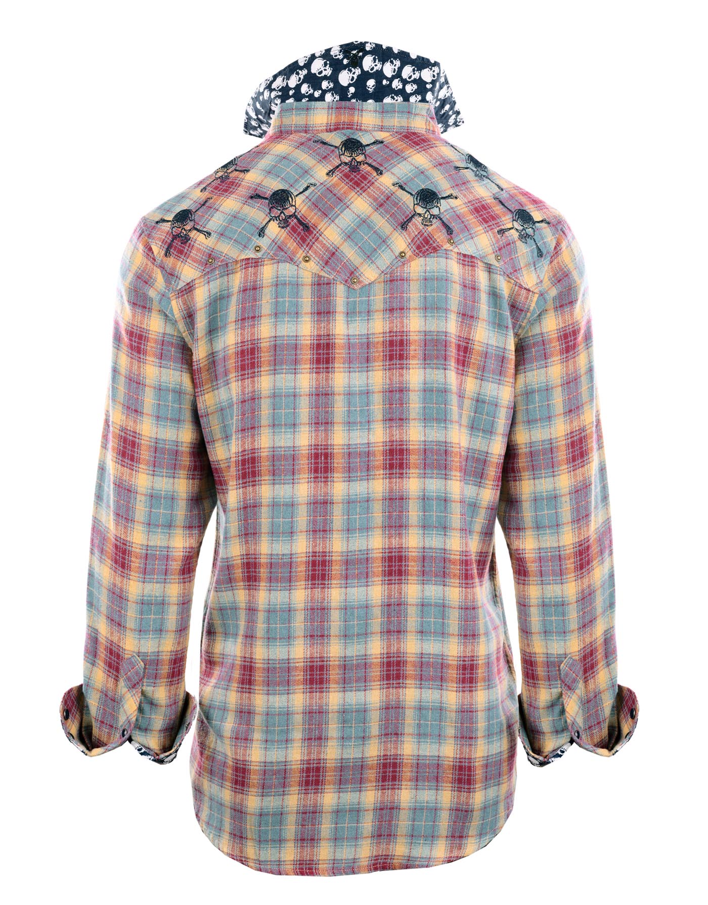 Back view of blue skull western flannel shirt with rolled cuffs, contrast skull collar fabric, plaid design, and embroidered skull accents