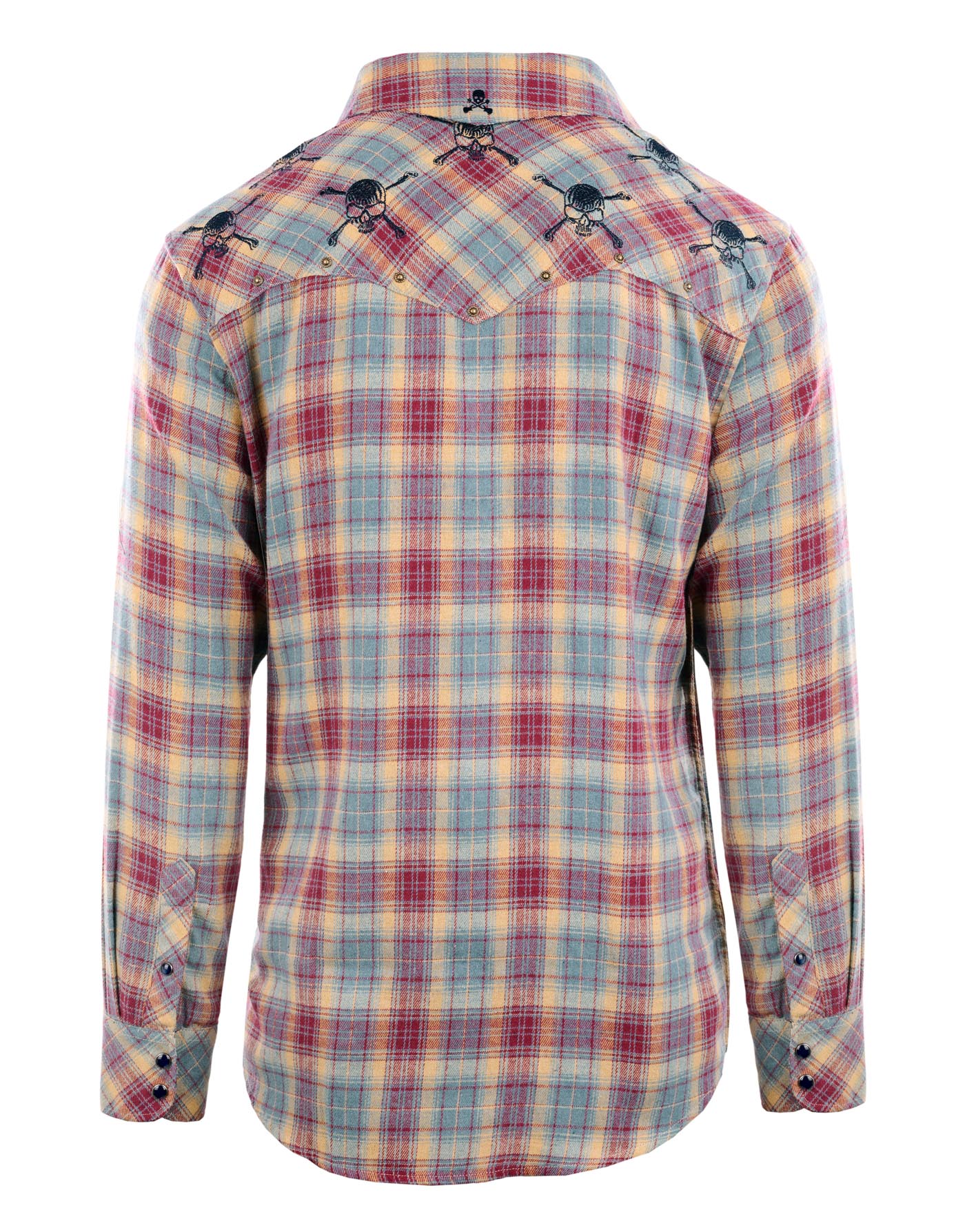 Back view of blue skull western flannel shirt with plaid fabric, embroidered skull accents, and rock-inspired western style