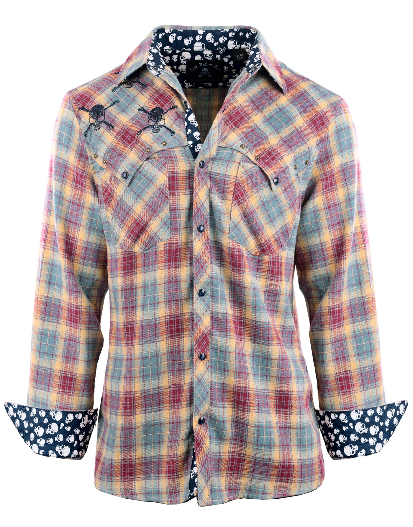 Blue skull western flannel shirt with rolled cuffs, contrast skull fabric, plaid design, and rock-inspired western style