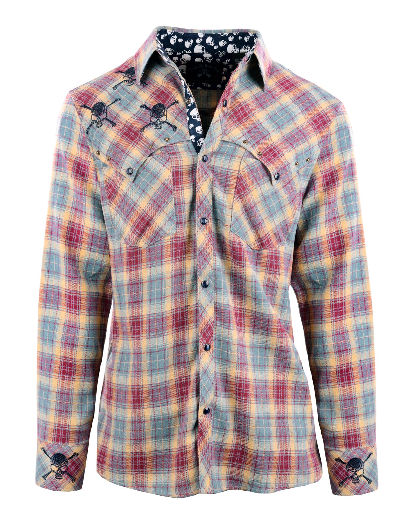 Blue skull western flannel shirt with plaid fabric, snap buttons, embroidered skull accents, and rock-inspired western style