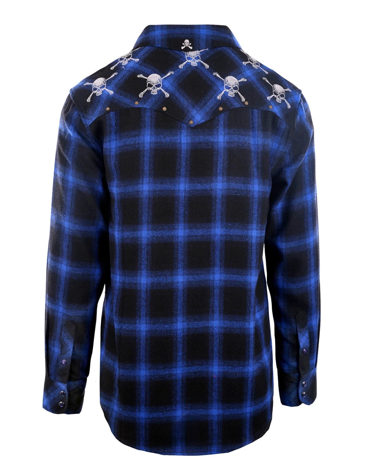 Back view of blue skull western shirt featuring embroidered skull yoke design, blue and black plaid flannel pattern, and western-inspired styling