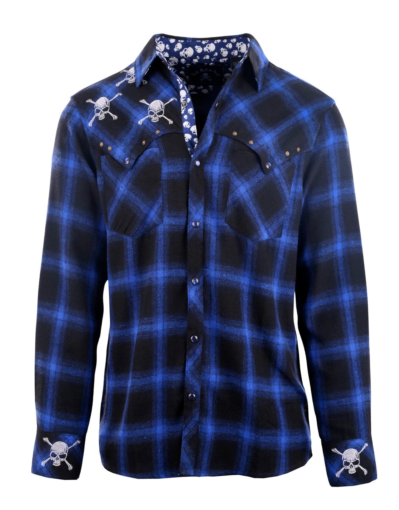 Blue skull western shirt with embroidered skull details, blue and black plaid flannel design, snap buttons, and western-style pockets