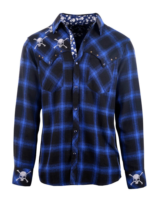 Blue skull western shirt with embroidered skull details, blue and black plaid flannel design, snap buttons, and western-style pockets
