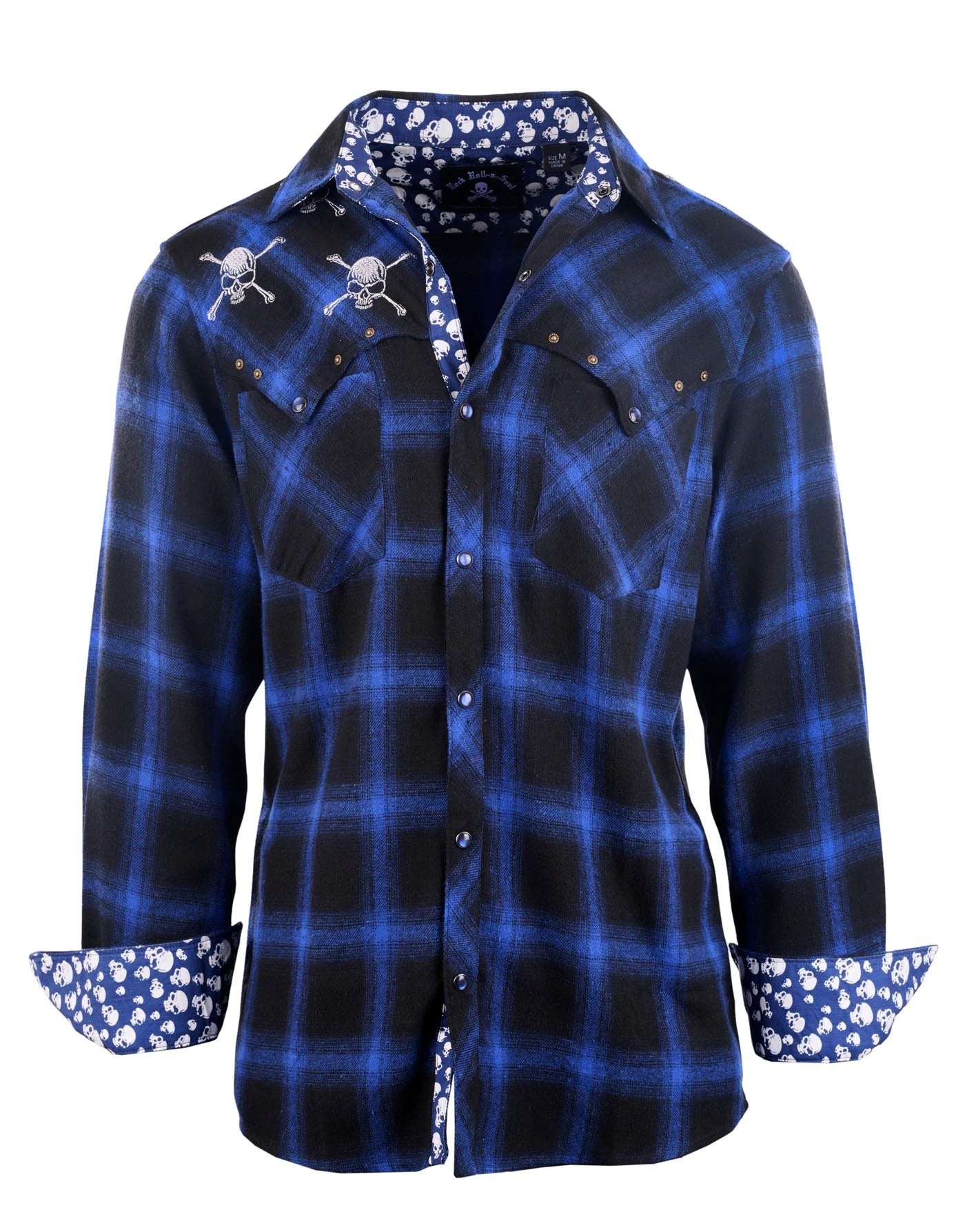 Blue skull western shirt with rolled cuffs, embroidered skull details, blue and black plaid flannel pattern, and contrast skull-print lining