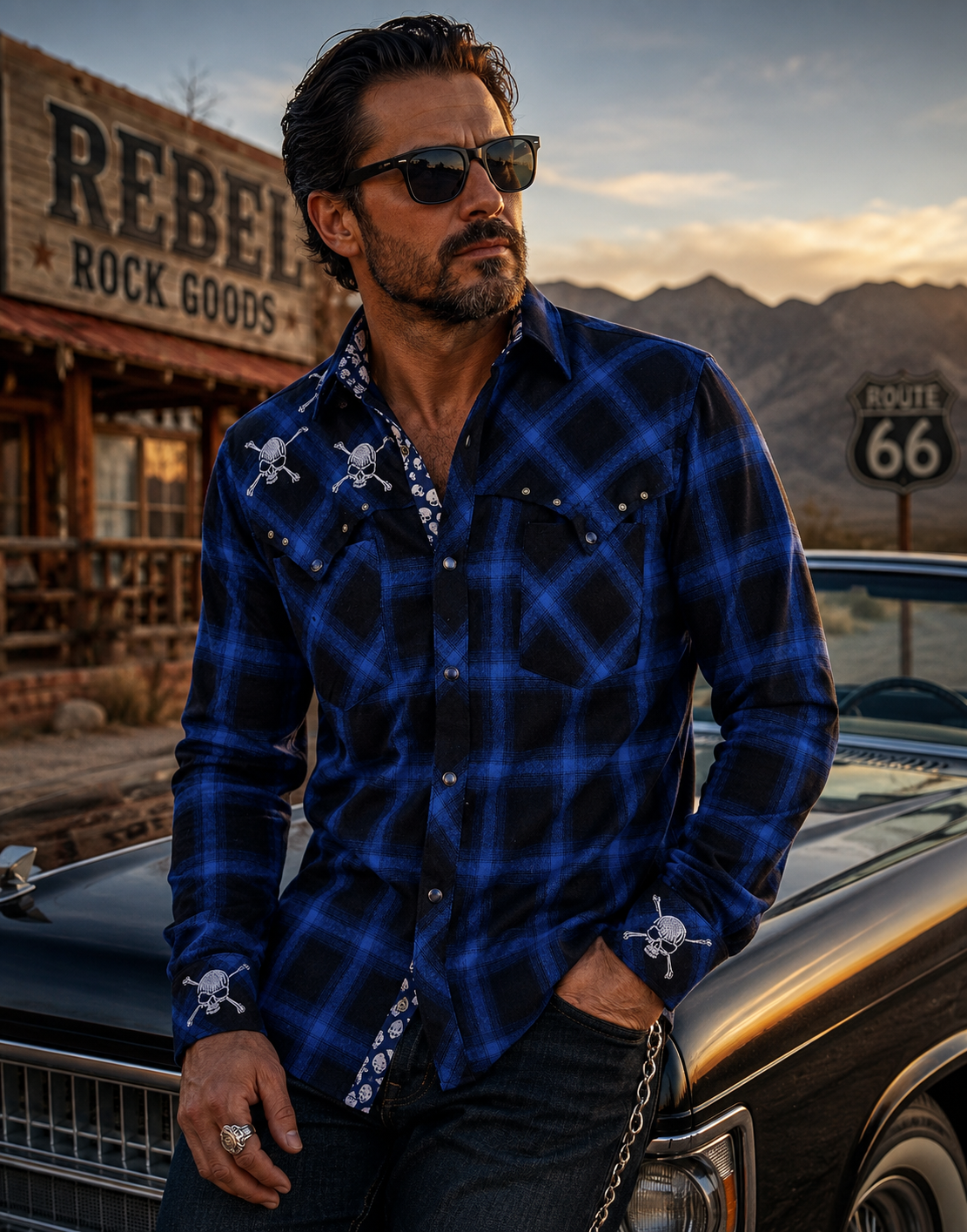 Male model wearing blue skull western plaid shirt beside a classic car on Route 66, featuring embroidered skull details and rebel rock style apparel