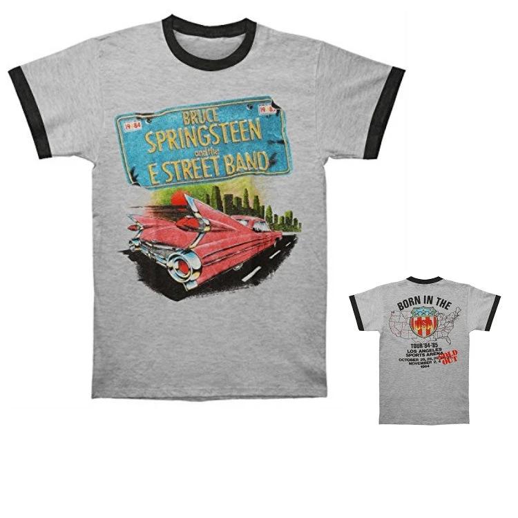 Bruce Springsteen Car Ringer T-Shirt showing front car graphic and back Born in the USA tour design