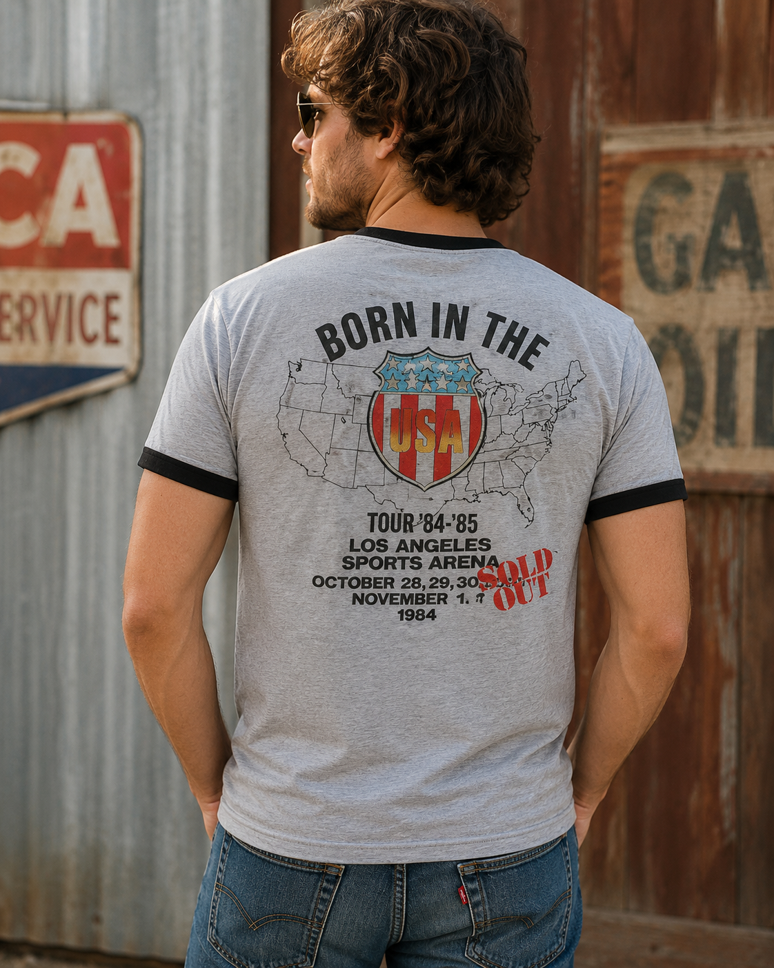 Male model wearing the back of the Bruce Springsteen Car Ringer T-Shirt with Born in the USA tour design