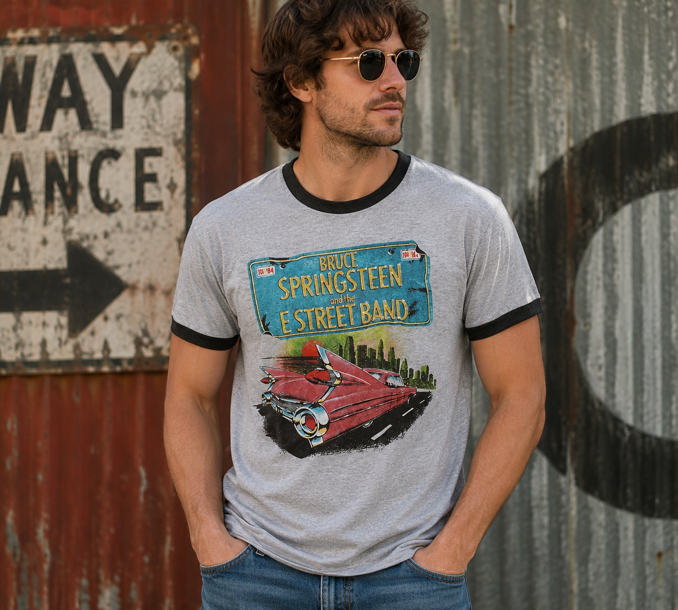 Male model wearing Bruce Springsteen Car Ringer T-Shirt with front car graphic in an urban setting