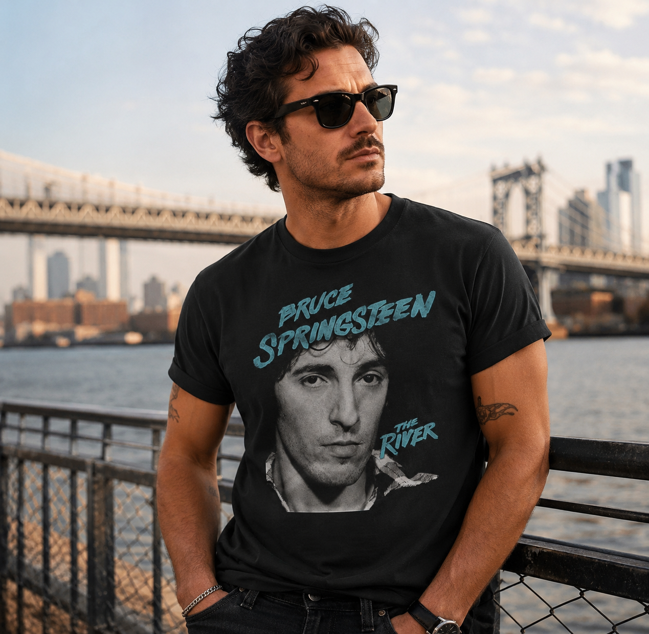 Male model wearing Bruce Springsteen The River T-Shirt near a riverfront bridge
