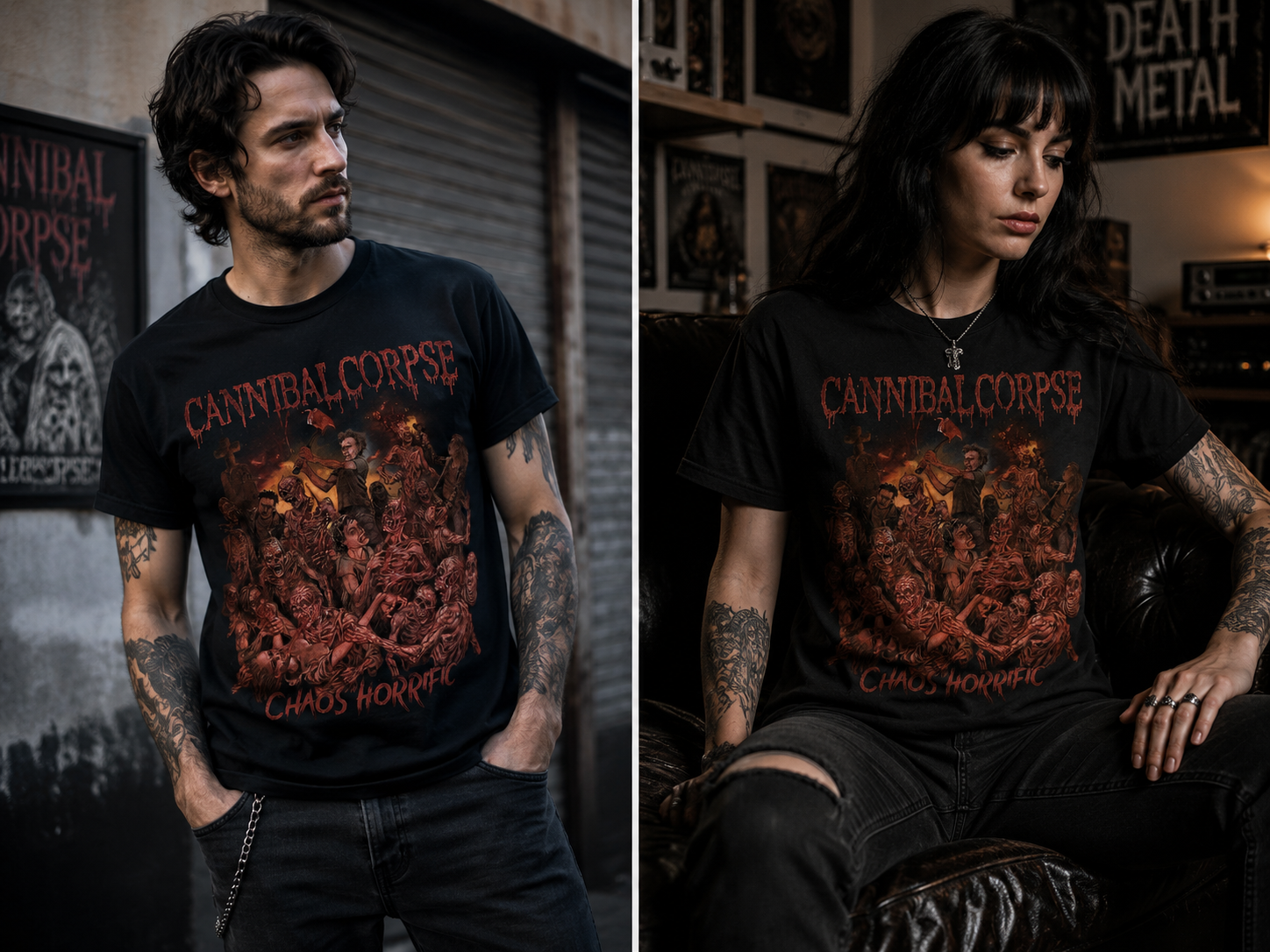 Male and female metal fans wearing Cannibal Corpse Chaos Horrific black graphic t-shirts in dark alternative rock lifestyle settings