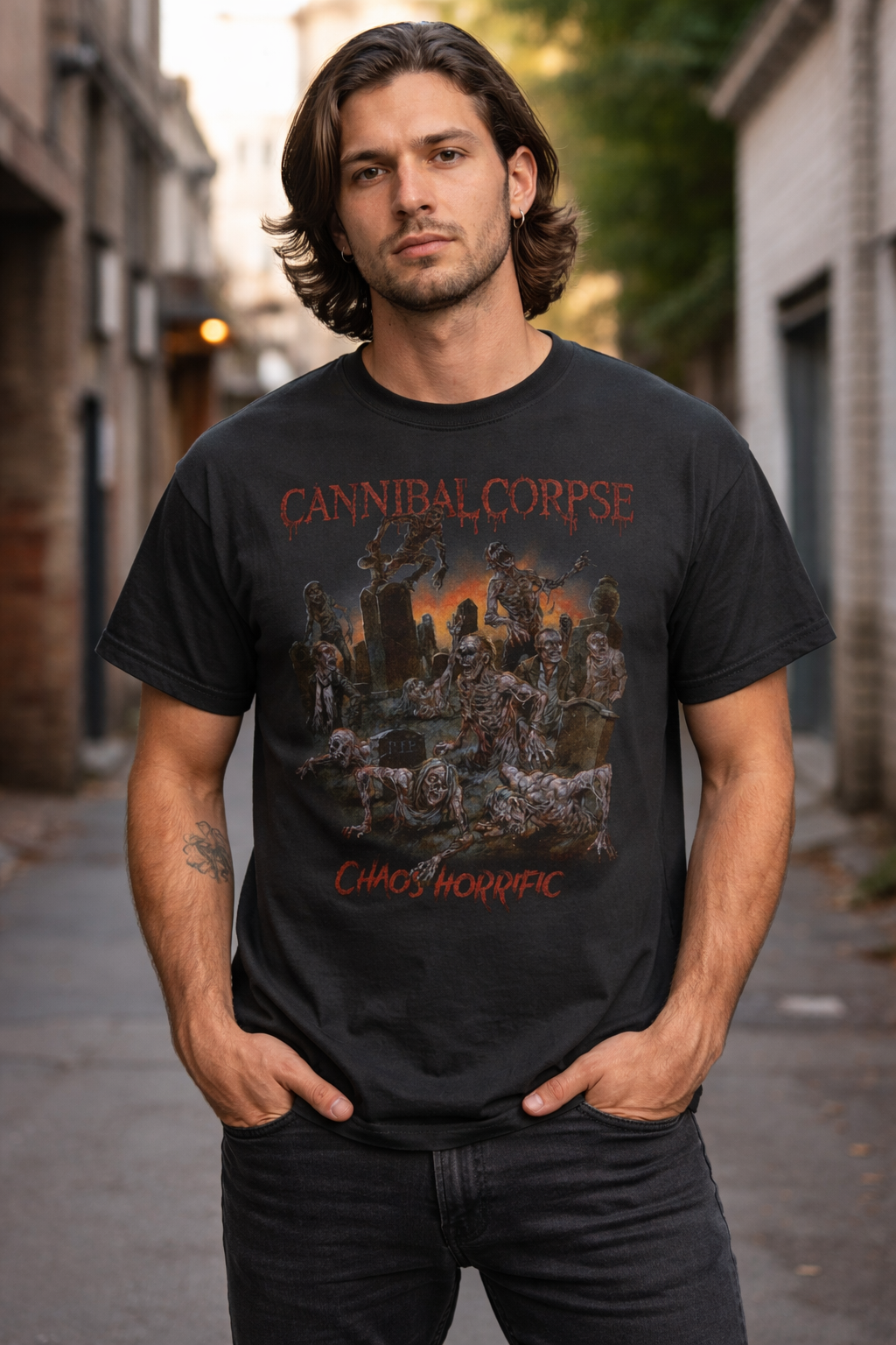 male model wearing Cannibal Corpse Chaos Horrific t-shirt front view death metal band merch black graphic tee outfit