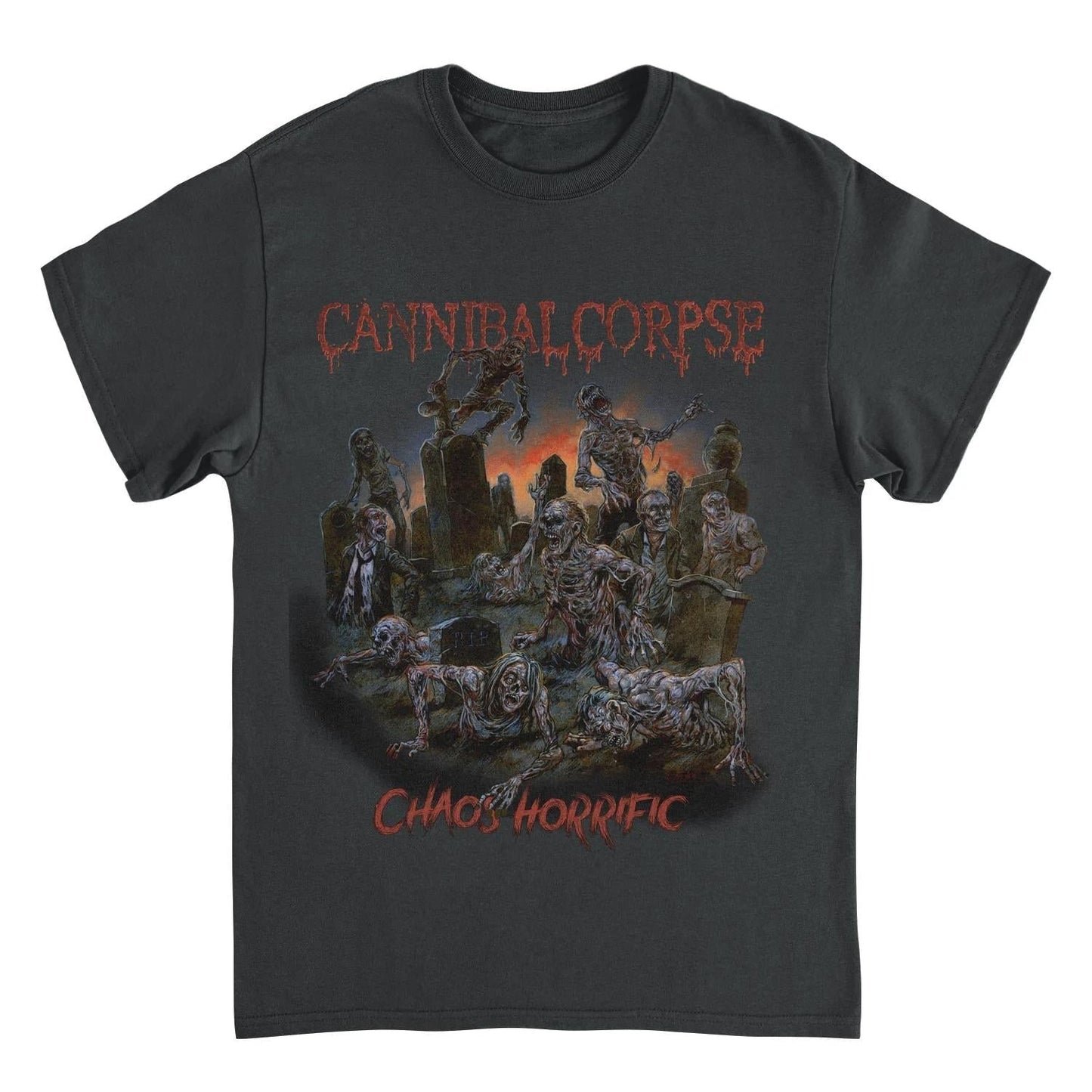Cannibal Corpse Chaos Horrific t-shirt featuring zombie graveyard artwork death metal band merch black graphic tee