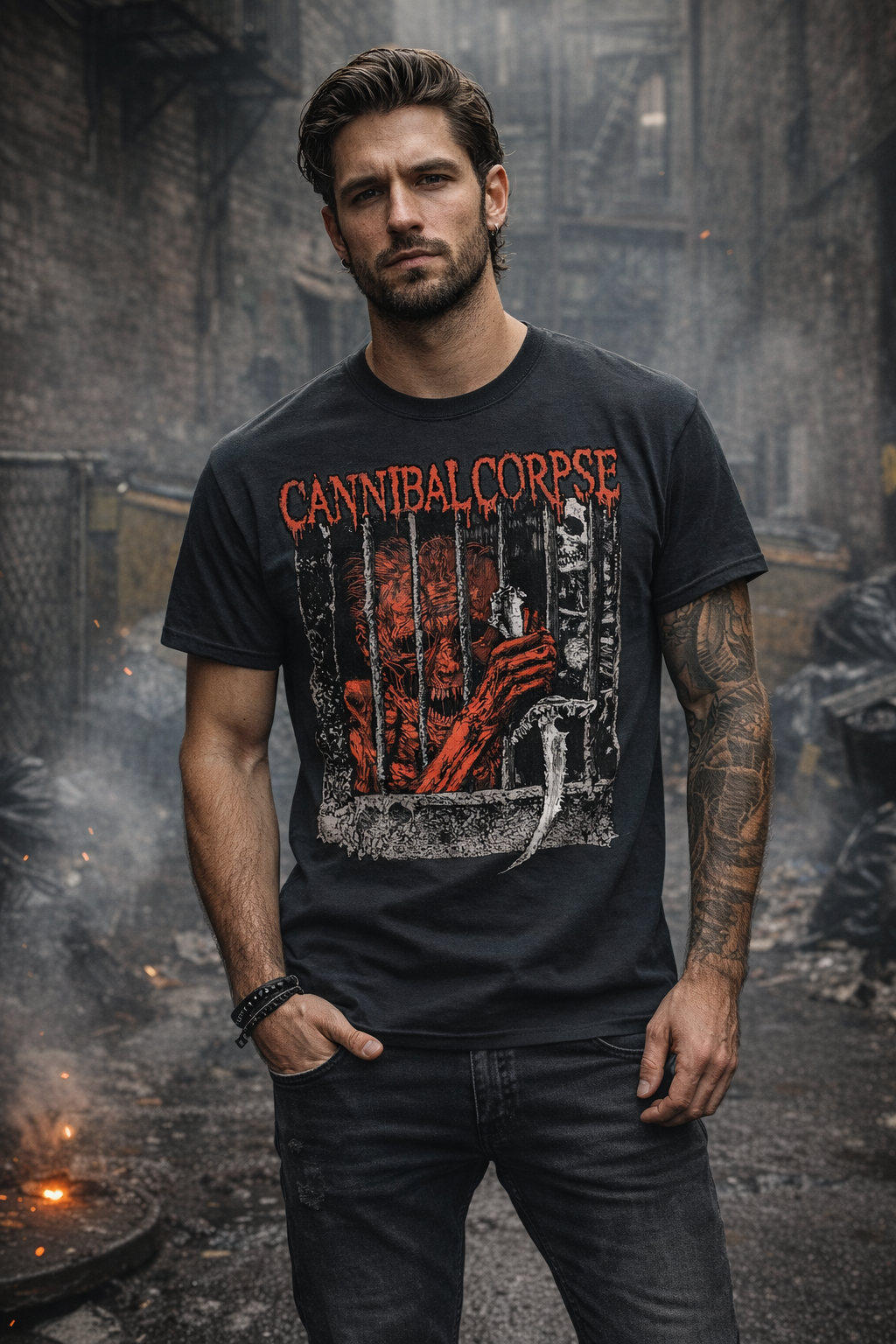 male model wearing Cannibal Corpse Kill Cell t-shirt black death metal band graphic tee lifestyle image urban setting
